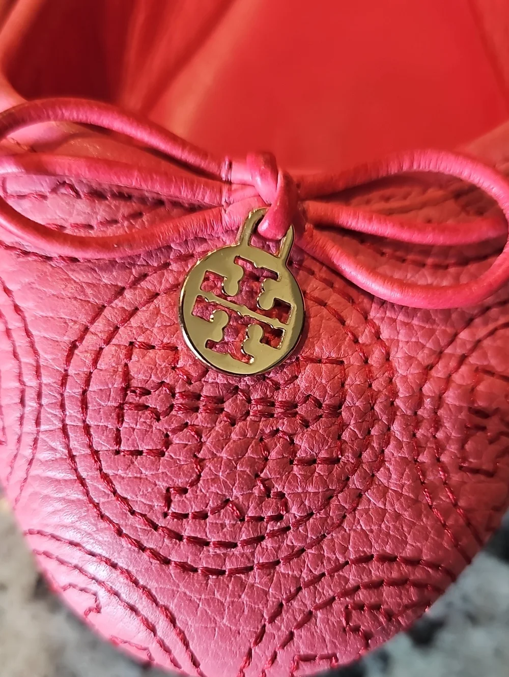 Tory Burch Pink Embossed Logo Bow Ballet Flats with Gold Medallions